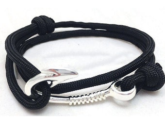 Paracord, Black Paracord, Black Paracord Bracelet, Fish hook, Fish Hook Bracelet, Nautical, Nautical Bracelet, 550 Cord, Survival, Unisex