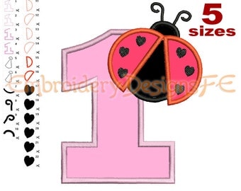 Ladybug Number 1 Birthday Applique Design - 5 Sizes - Machine Embroidery Design File
