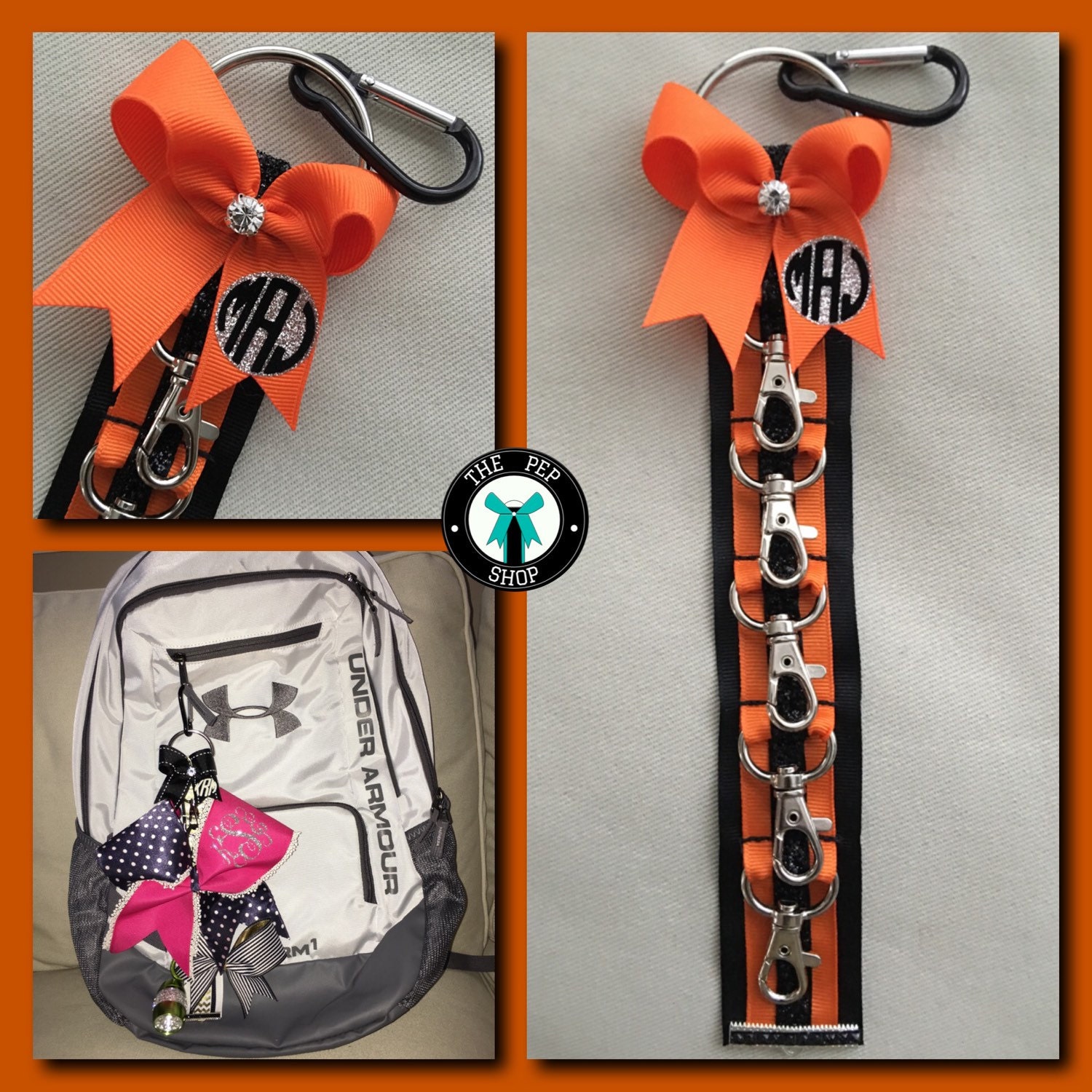 Cheer Bow Holder / Klinger™ Backpack Strap. Orange or Yellow