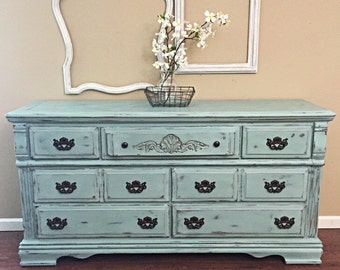 Items similar to Light Blue Rustic Dresser with Mirror on Etsy