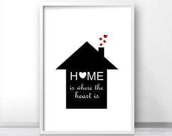 Printable wall art quote, Black and white print, Digital printable art Home is where the heart is, Downloadable print, House warming gift