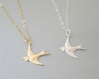 Dainty Dove Necklace, Flying bird necklace in Sterling silver, Gold fill, Swallow Necklace, Bird lover Jewelry, Sparrow Necklace
