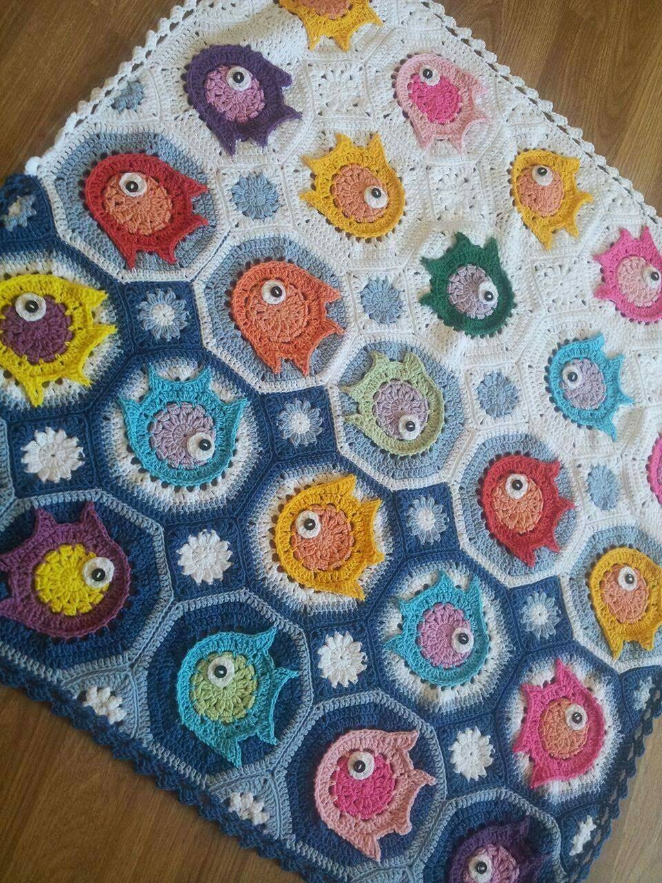 Crochet Fish puzzle baby blanket crochet throw by Mydayboutique