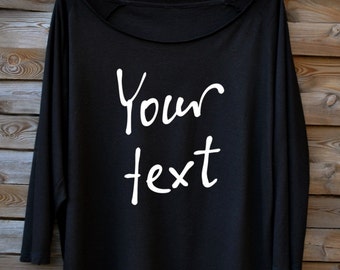 Handwriting PERSONALIZED black blouse. Woman's T-shirt. Different languages. Custom order. Personalized T-shirt for you.