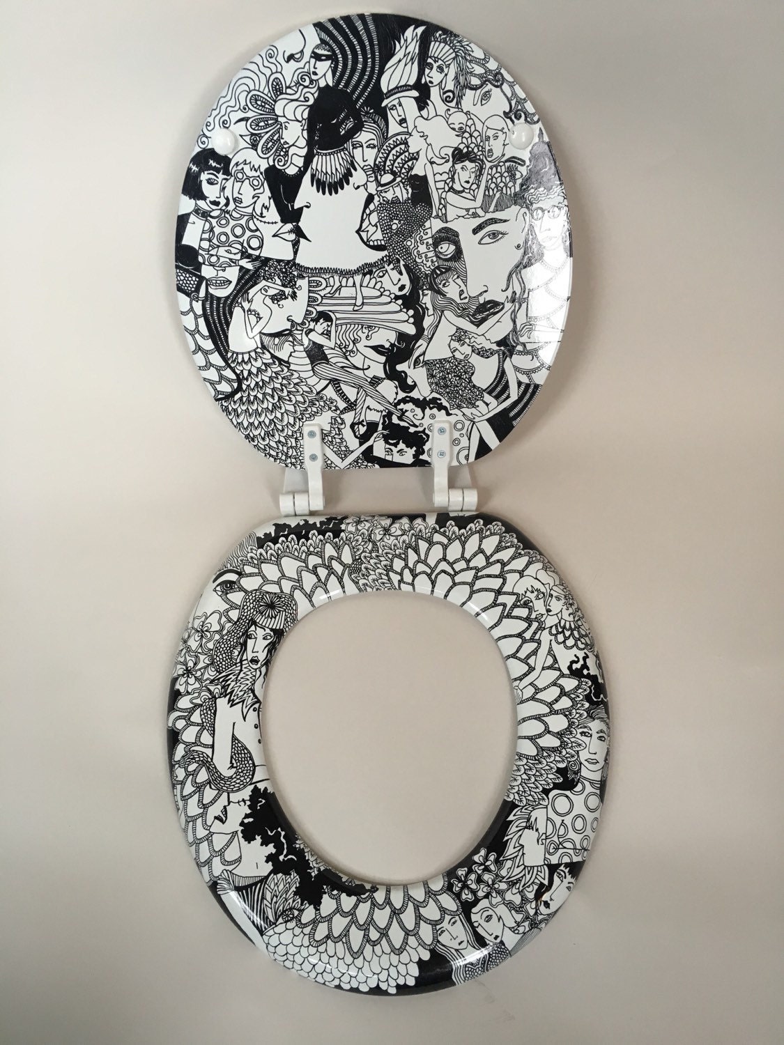 Surrealist Black and White Hand Drawn Toilet Seat