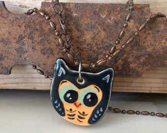 Woodland Ceramic Owl Pendant, Owl Necklace, Hand Painted Owl Charm, OOAK