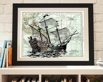 Pirate ship illustration, vintage map, Nautical wall art, ship with map