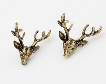 Vintage Style Bronze Moose Reindeer Antlers Stud Earrings