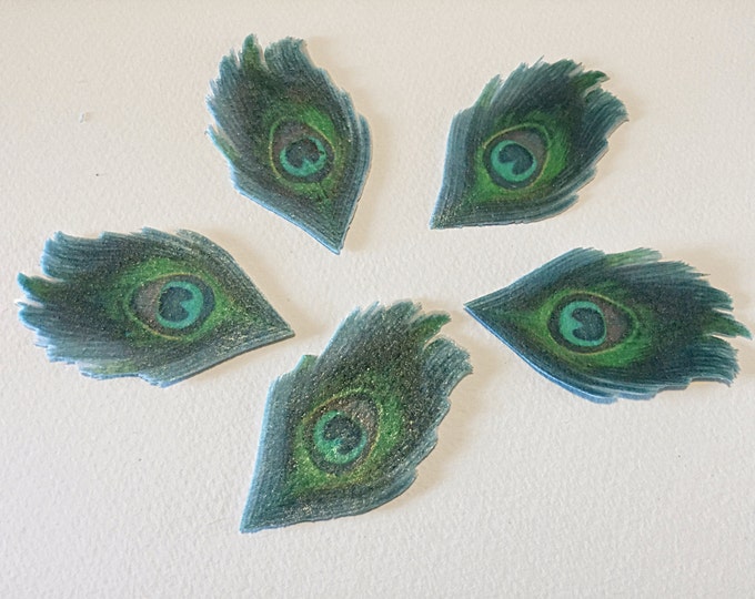 Edible Peacock Feather, Double-Sided Wafer Paper Toppers for Cakes, Cupcakes or Cookies