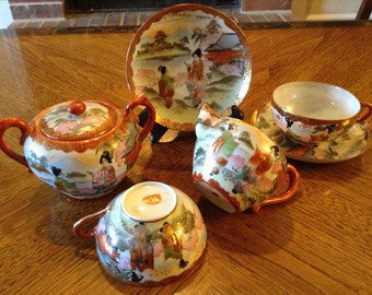 Antique Meiji Japanese Kutani Porcelain Tea Set (2) Cups & Saucer Sets Creamer Covered Sugar Bowl w Gold Moriage 7pcs