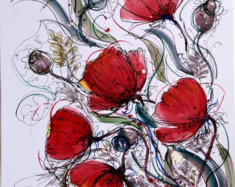 Red poppies wall art flower painting Original art artwork flower watercolor painting Red Poppies painting Poppies original painting