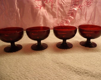 Four Vintage Ruby Red Glass Pedestal Sherbert Dessert Goblets
