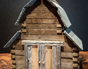 Handmade Vintage Miniature Log Barn with Slate Roof