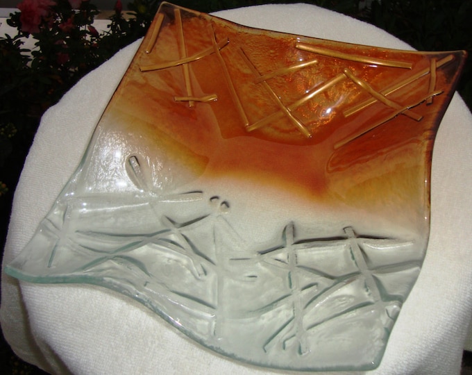 Vintage Quadrate Crackeled Handmade Fused Glass Bowl, Decorative Bowl, Caramel Clear Fused Glass Plate, Housewarming Gift, Modern Art Glass