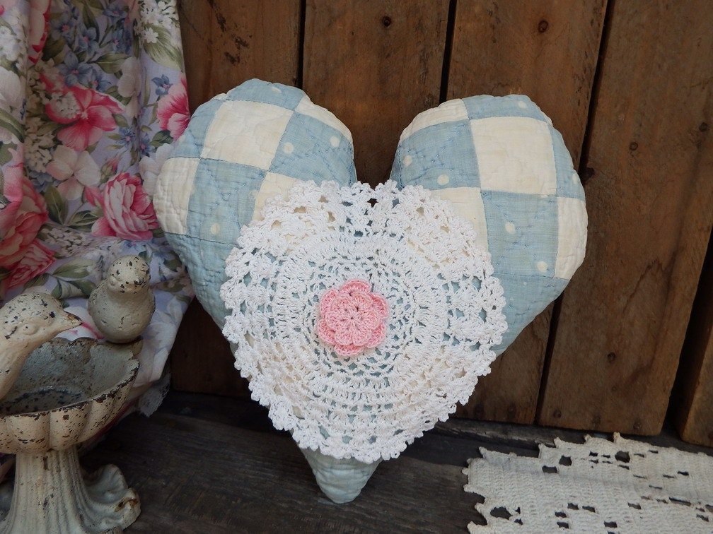 Handmade Heart Pillow Quilted Pillow Shabby by TattersandScraps