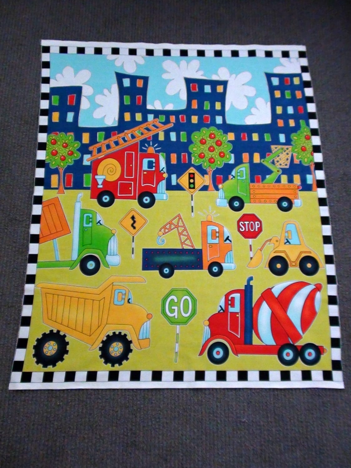 Construction fabric panel. Digger fabric. Vehicles quilt