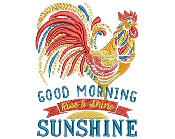 4.49"T Large - Ornate Rooster - Good Morning Sunshine - Rise & Shine Embroidery Design - Instant Digital Download