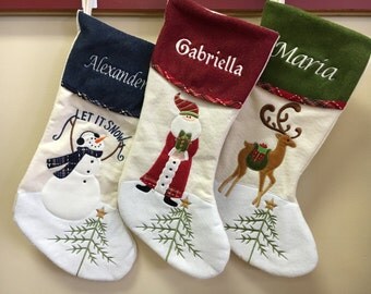 Christmas Stocking Personalized Embroidered Name Santa Reindeer Snowman