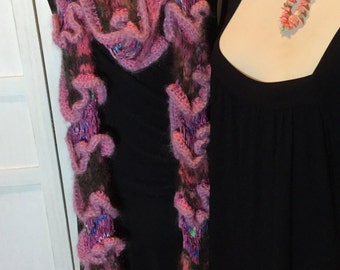 Scarf long sculptural,knitted and crochet mixed threads
