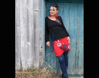 Jupe rouge vif-jupe bambou-taille haute-broderies-red skirt-embroidery-bamboo skirt-appliqué-jersey-