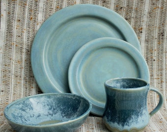 Glacier Morning Dinnerware Set- Handmade Stoneware Pottery- Icy Blue Plates and Bowls- 4 Piece Dinnerware Set