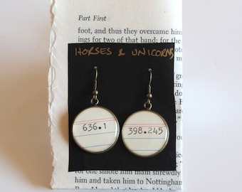 Dewey Decimal System EARRINGS, Horses and Unicorns, 636.1 & 398.245 , call number, library, gift