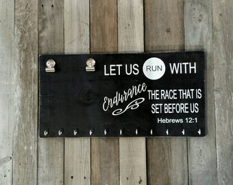 Race Bib Medal Holder, Running Race Bib Medal Display, Hebrews 12:1 Let us run with Endurance Medal Holder, Sports Medals