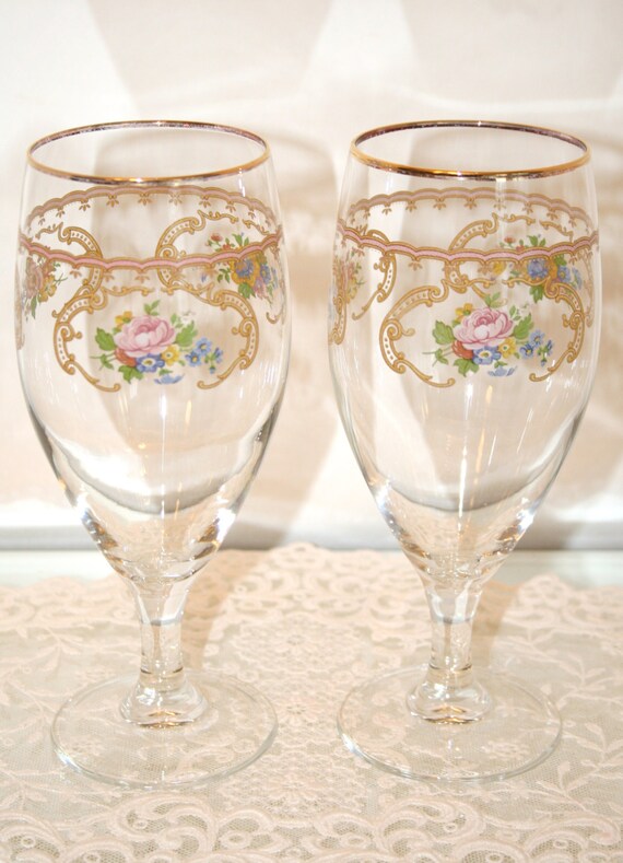 Vintage Royal Doulton Goblets Lady Carlyle Pink flowers Gold