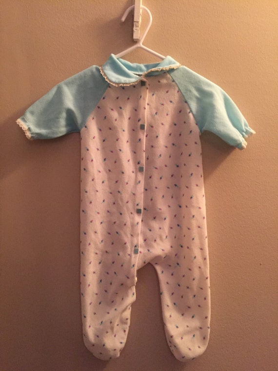 3-6 month,  Vintage Baby Clothes, Blue & White Sleeper Onesie