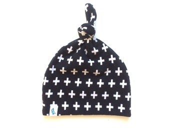 Baby Hat - Top Knot Baby Hat - Swiss Cross Top Knot Hat - Newborn Hat - Top Knot Hat