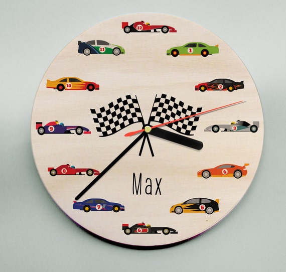 Personalised boys clock featuring numbered race rally and