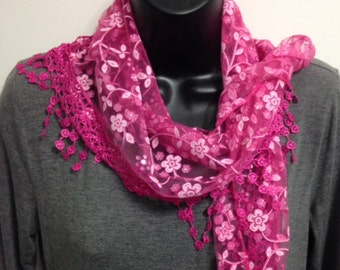 Hot Pink Lace Scarf with Fringe Shawl Scarf Long Scarf Women Fashion Accessories Gift for Her