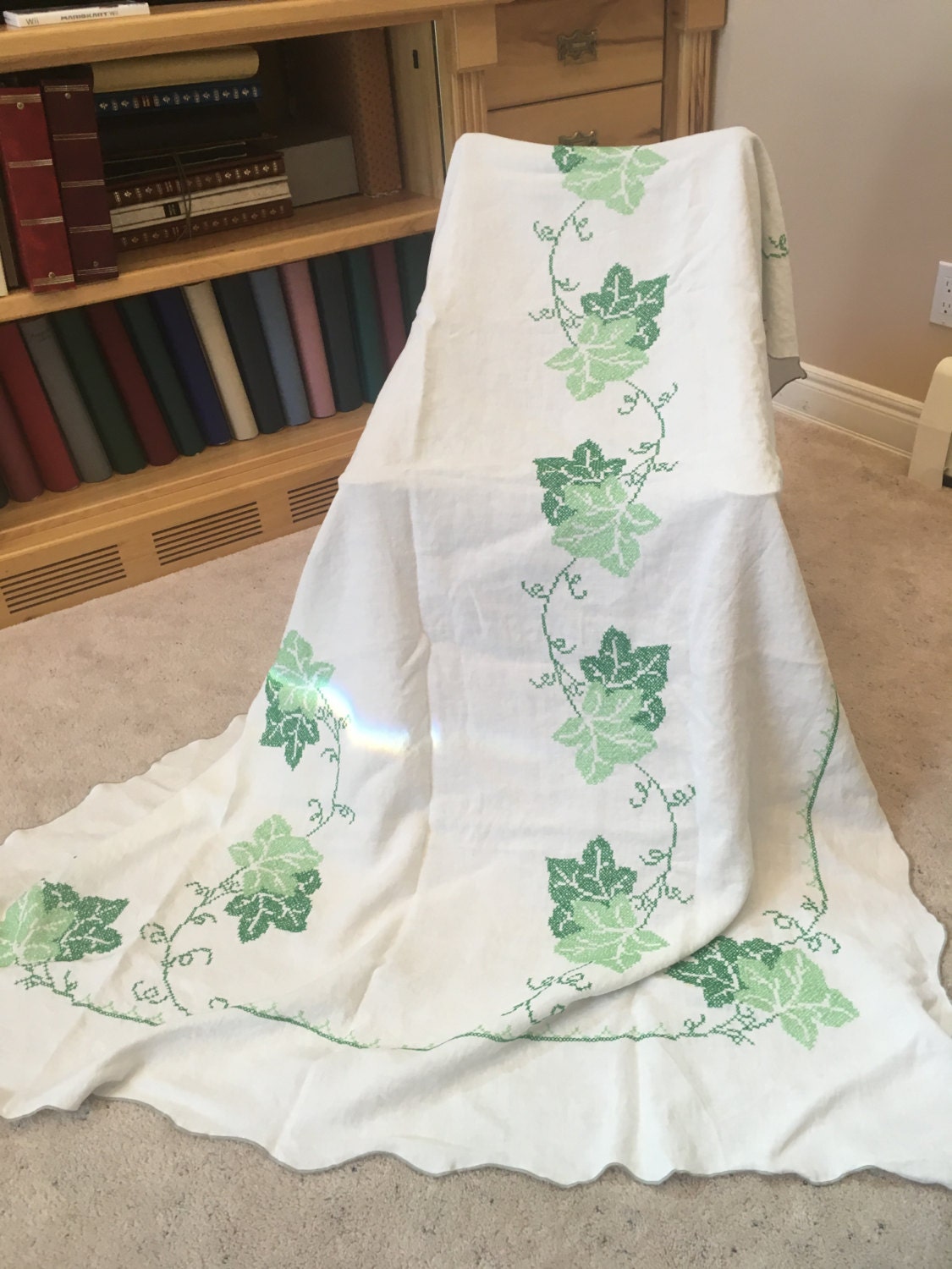 Vintage Embroidered Tablecloth Hand Cross Stitch White Table