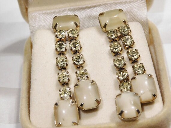 Vintage Rhinestone Dangle Earrings Moonglow Screw Back Mid Century 1950s Drop Chandelier Hollywood Wedding Bride Bridal Earrings Jewelry