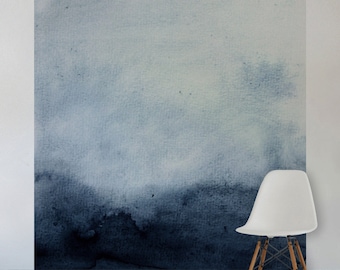 Blue Watercolour Wall Mural, Self Adhesive Fabric or Paste&Glue Wallpaper, Watercolour Home Decor