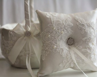 Off white Ring Bearer Pillow + Flower Girl Basket \ Lace Wedding Basket + Lace wedding pillow \ Lace Ring Bearer off-white basket pillow set