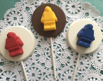 BUILDING BLOCK MAN Lollipops - Chocolate Lollipop Robot Man, Lego Themed Birthday,Children's Lego Birthday Party, Robot Lollipops
