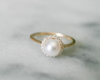 Dainty Diamond Halo Pearl Ring, Pearl Engagement Ring, Diamond and Pearl Ring