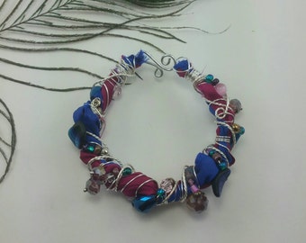 Boho Chic Beaded sari silk ribbon bracelet, beads and ribbon bangle bracelet, upcycled jewelry, recycled sari ribbon, silk sari, saree