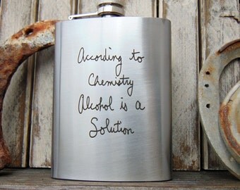 Personalized Flask, Polished Stainless Steel Hip Flask, with attached cap -Use your own Handwritten Message - or Text Font- Gifts for Him