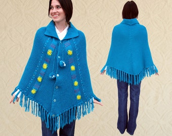 60's Knit Daisy Poncho, with Pom Poms Women's size XS/S/M