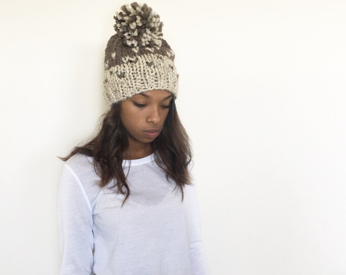 Fair Isle Knit Slouchy Beanie Hat With Large Pompom//THE COAST2COAST//Oatmeal and Taupe