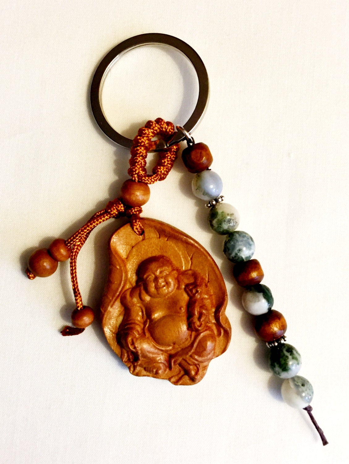 Carved Wooden Buddha Keychain with Indian Agate & Beachwood