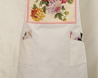 Full White Apron with Spring Bouquet Print Bib