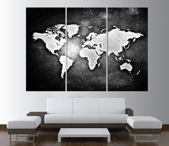 black and white world map wall art on canvas by ArtCanvasShop