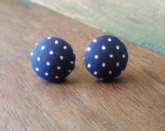 Navy Blue Poka Dot Button Earrings 15mm