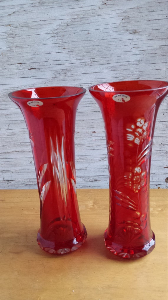 USSR Russia Hand Made Red Crystal Vases Pair
