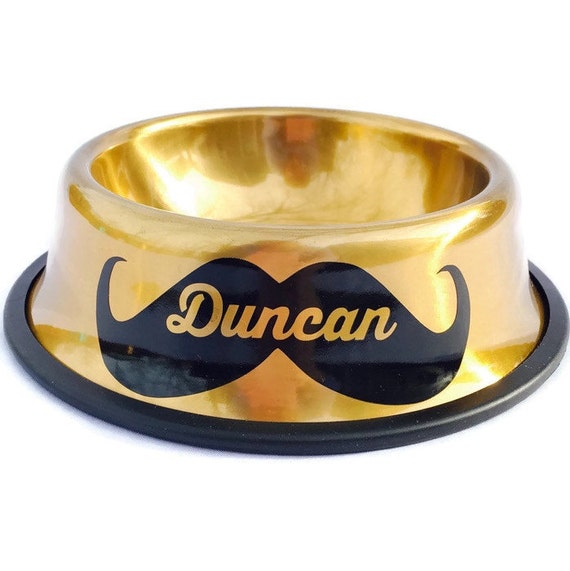 Personalized Gold Dog Bowl with Mustache by WiggleSnoots on Etsy
