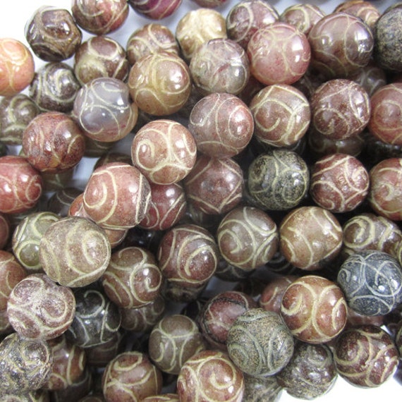 9mm brown jade carved round beads 7.5 strand 34541 by EagleBeadz