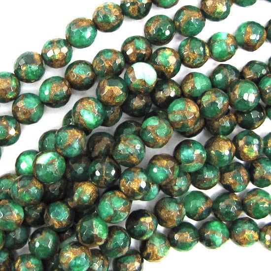 8mm faceted emerald green golden pressed jade round by EagleBeadz